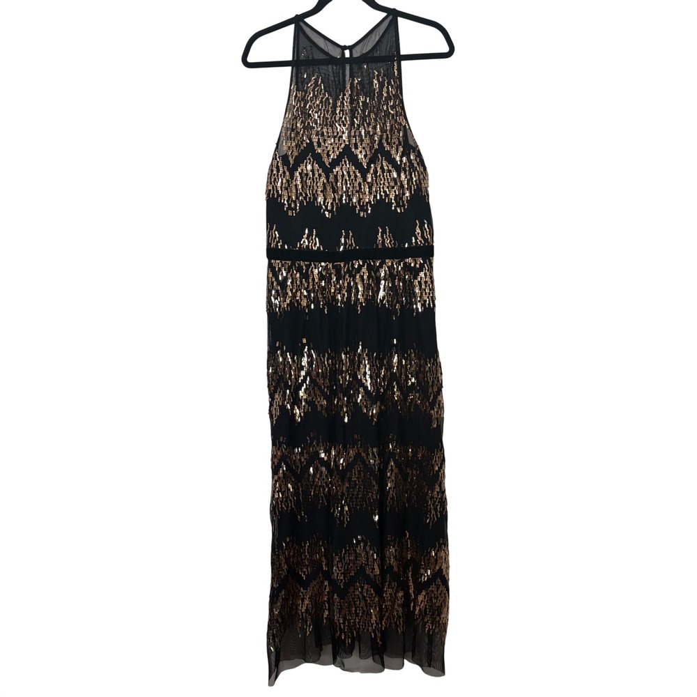 Vince Camuto Black Gold Sequin Embellished Halter Maxi Dress Size‎ 12